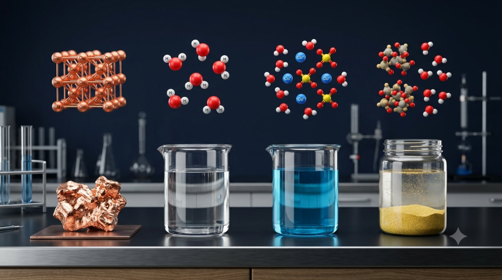 3D science illustration showing an element, a pure compound, a homogeneous mixture, and a heterogeneous mixture.