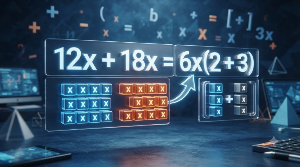3D illustration showing common factors used to simplify an algebraic formula