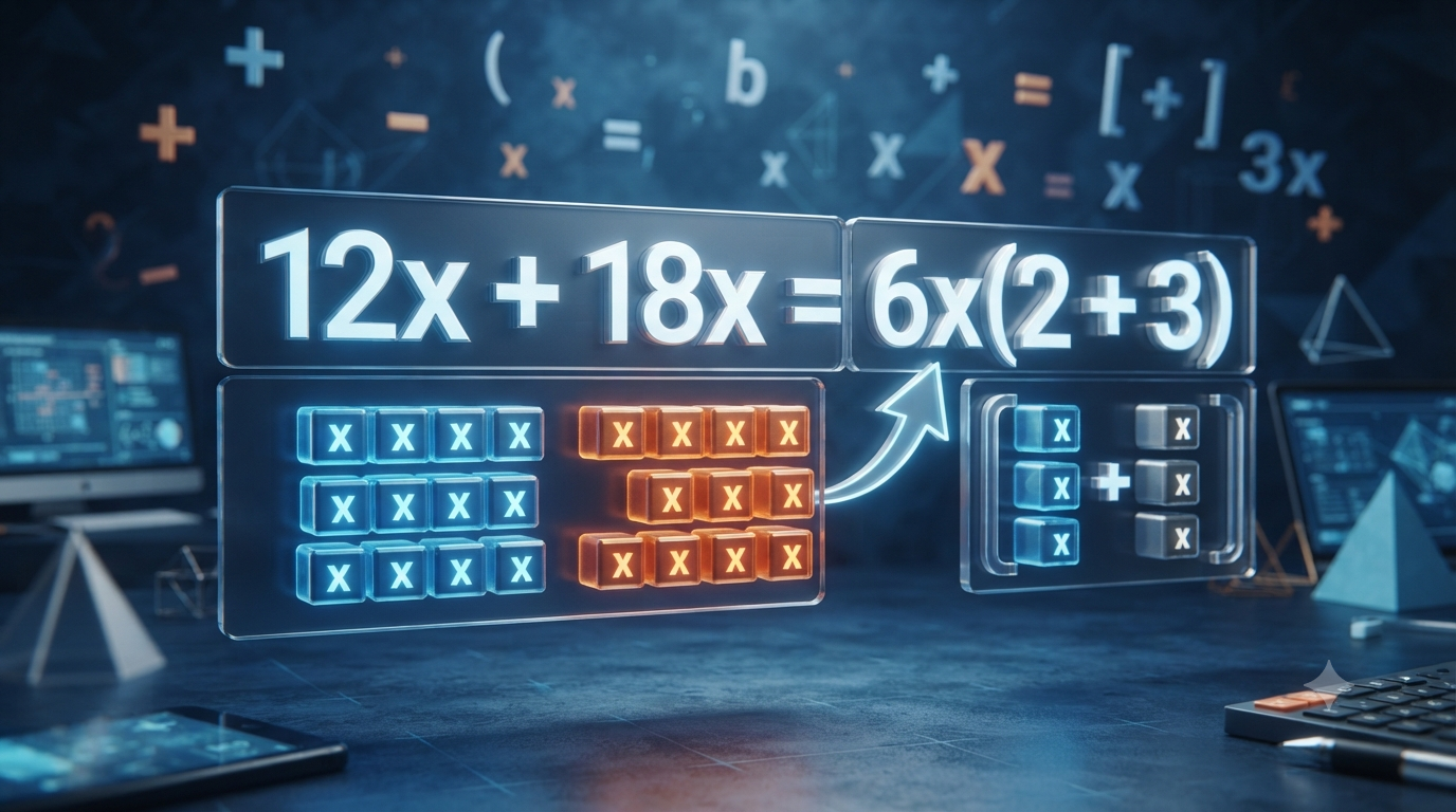 3D illustration showing common factors used to simplify an algebraic formula