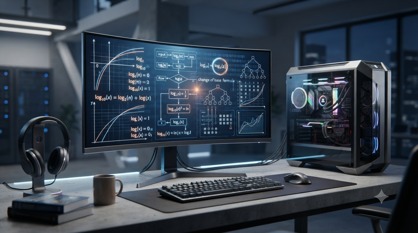 Realistic 3D illustration of logarithm formulas, binary computing, and algorithm analysis
