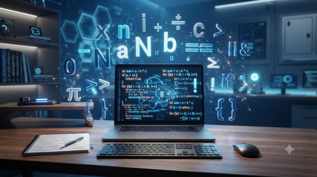 3D illustration of variables constants and operators in computer science formulas