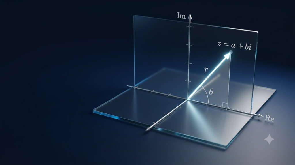3D illustration of a complex plane showing a vector, modulus, and argument for converting complex numbers to polar form.