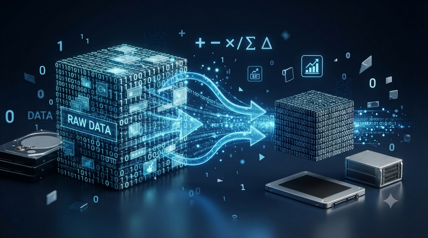 Realistic 3D illustration of digital data compression showing large data blocks reduced to smaller blocks.