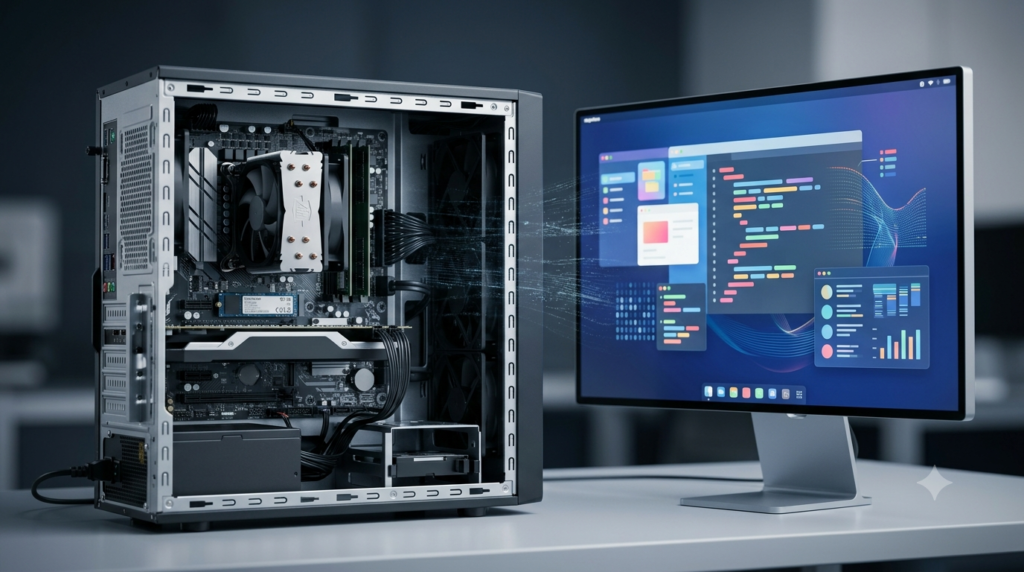 Computer hardware components beside a monitor displaying software applications