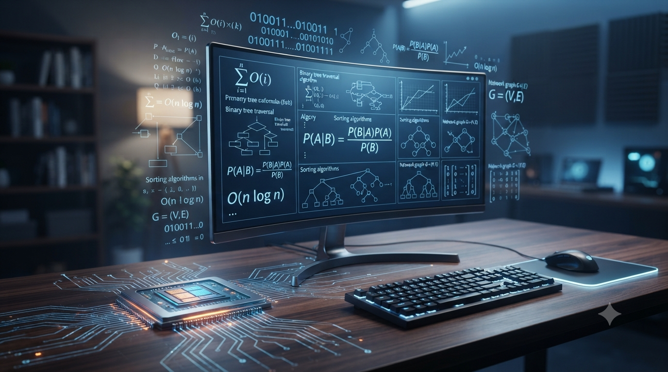 Realistic 3D computer showing computer science formulas, binary data, algorithms, and digital circuits