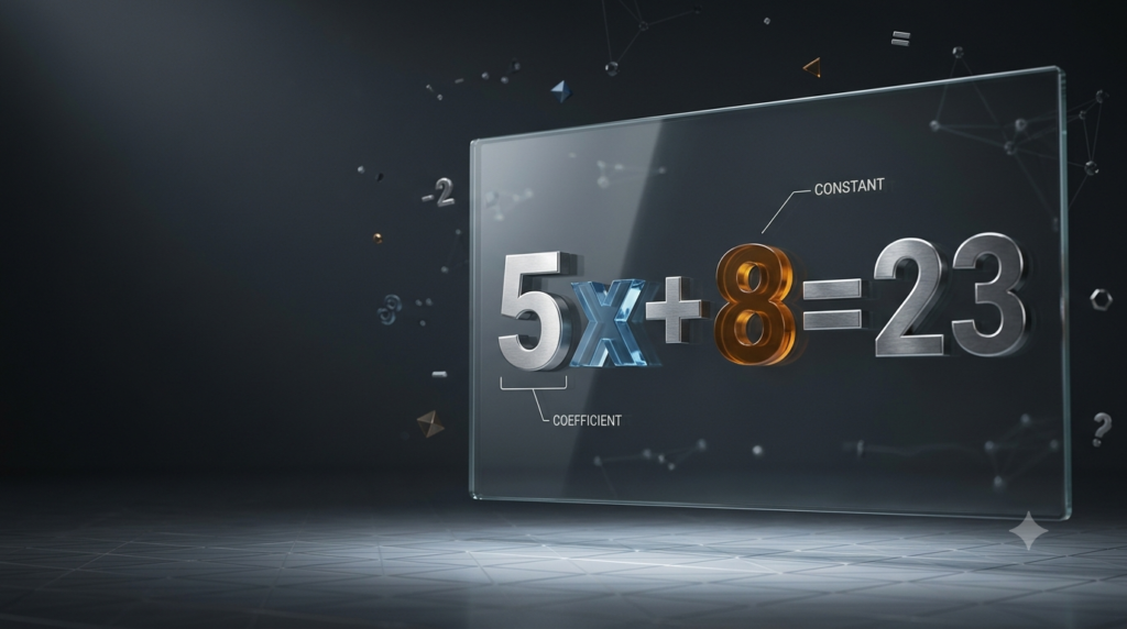 Realistic 3D algebra equation illustrating the difference between constants and coefficients.
