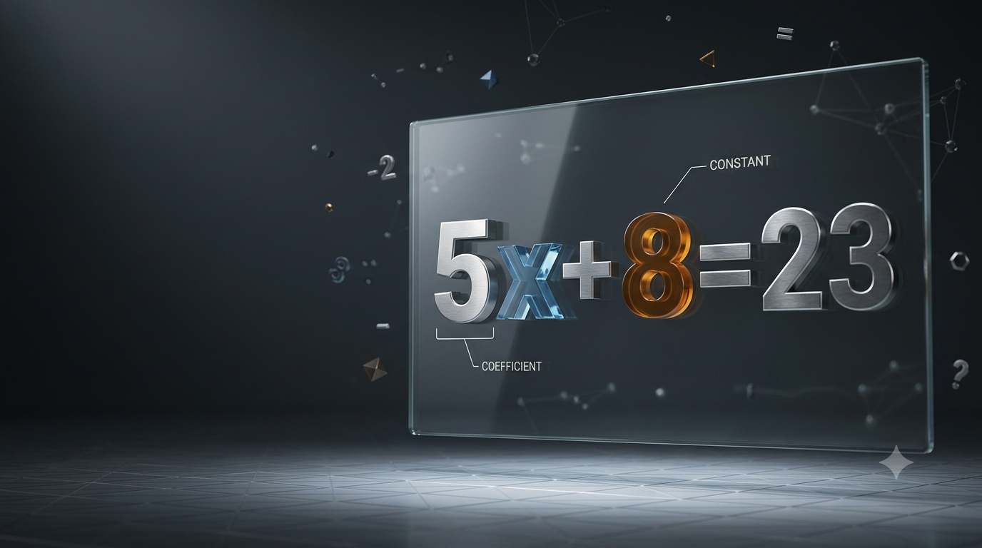 Realistic 3D algebra equation illustrating the difference between constants and coefficients.