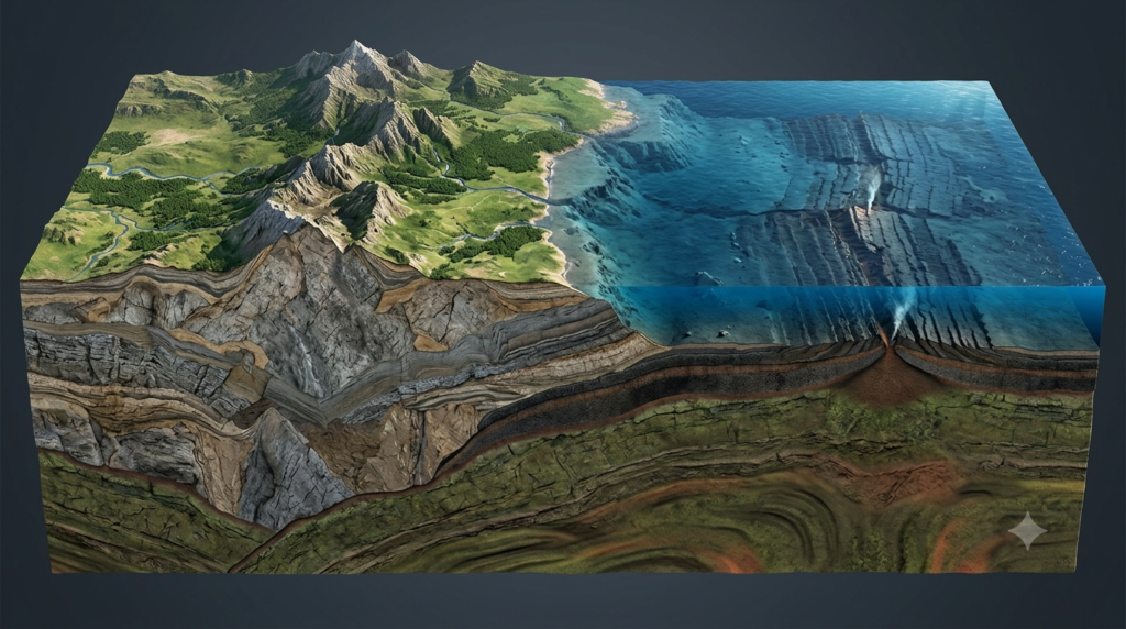 3D cross-section comparing thick continental crust beneath mountains with thin oceanic crust beneath the ocean floor.