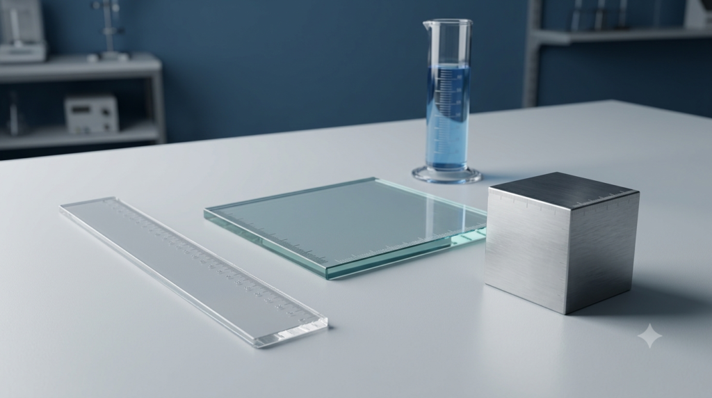 3D render of a ruler, square tile, metal cube, and measuring cylinder representing length, area, and volume conversion.