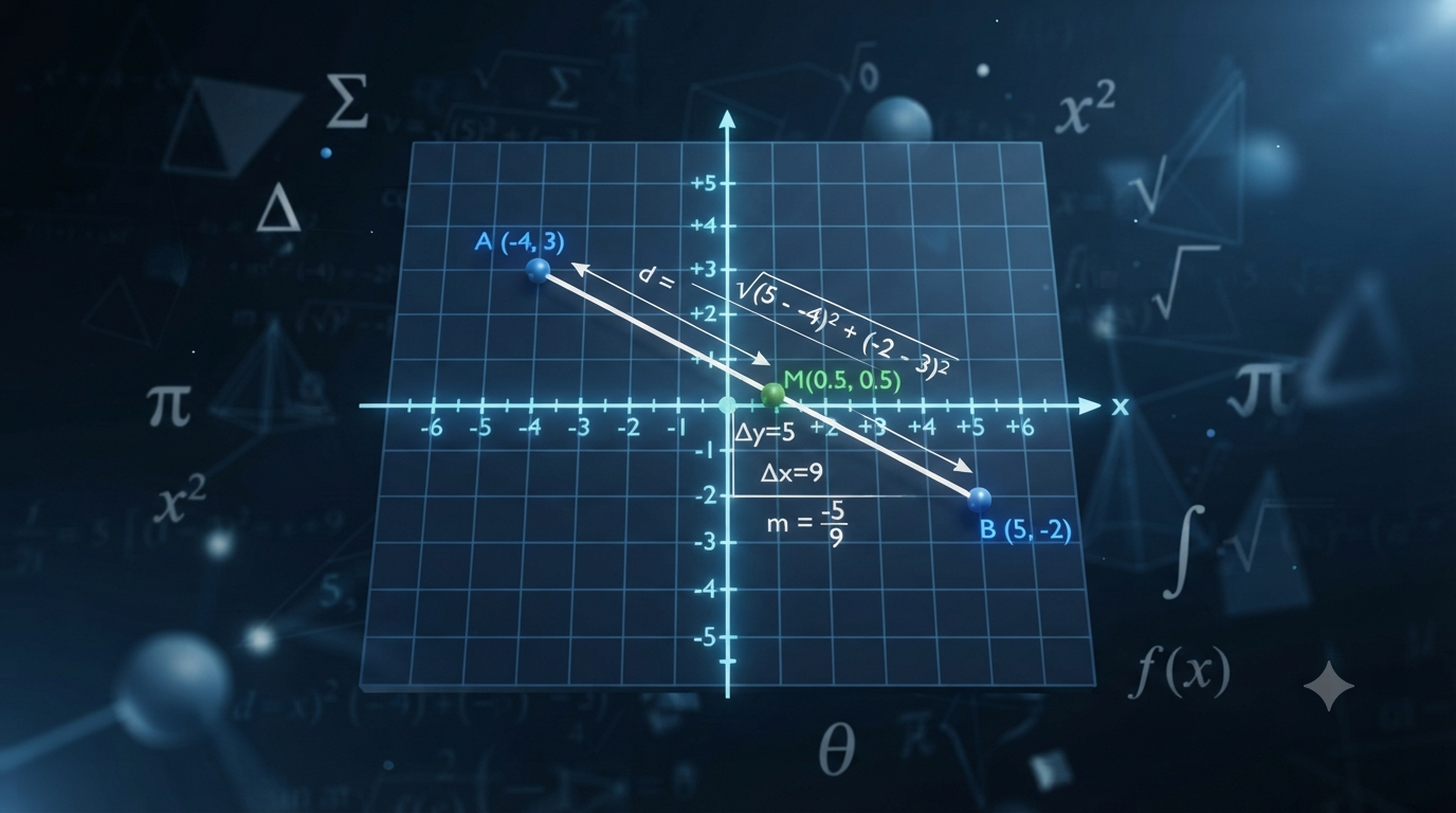 Realistic 3D coordinate plane showing points, lines, distance, midpoint, and slope formulas