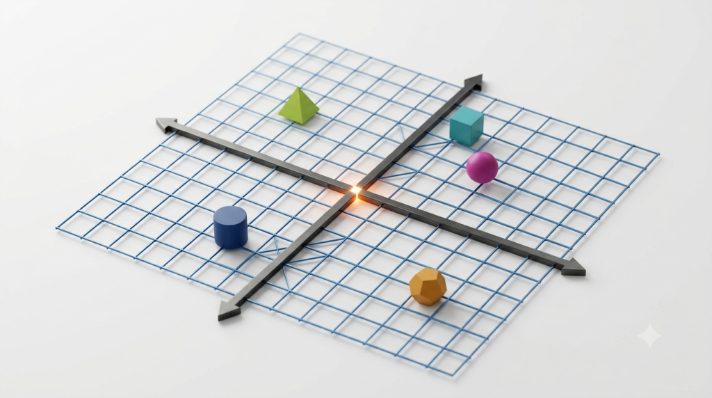 Realistic 3D illustration of a coordinate plane with perpendicular axes, an origin, grid lines, and points in different quadrants.