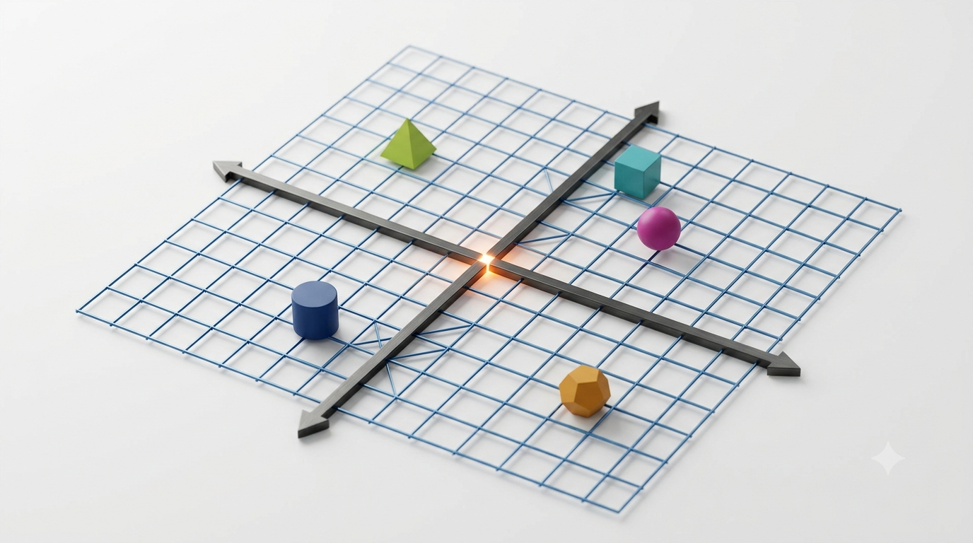 Realistic 3D illustration of a coordinate plane with perpendicular axes, an origin, grid lines, and points in different quadrants.