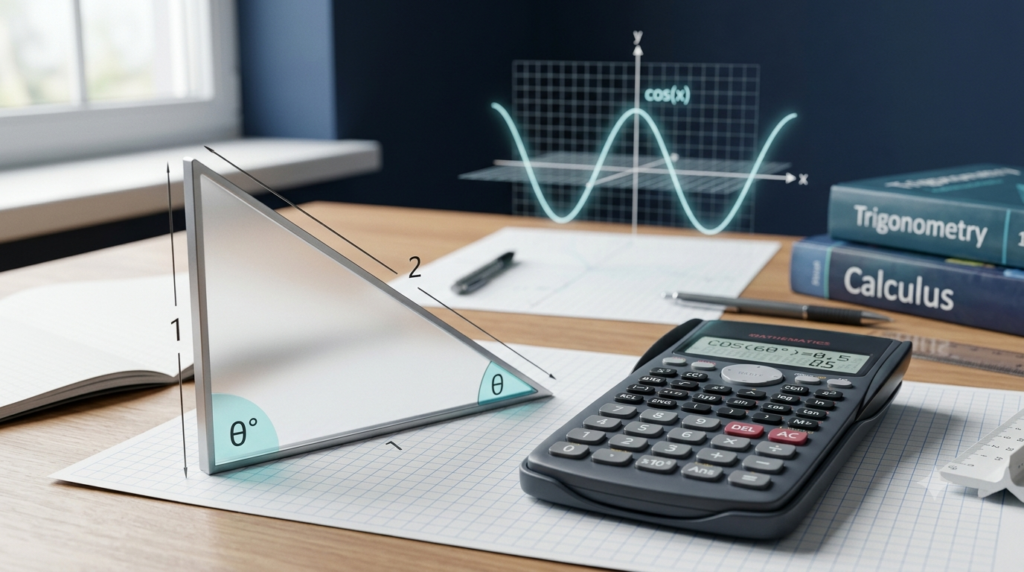 Cosine Calculator with a scientific calculator and a right-angled triangle illustrating a 60-degree angle.