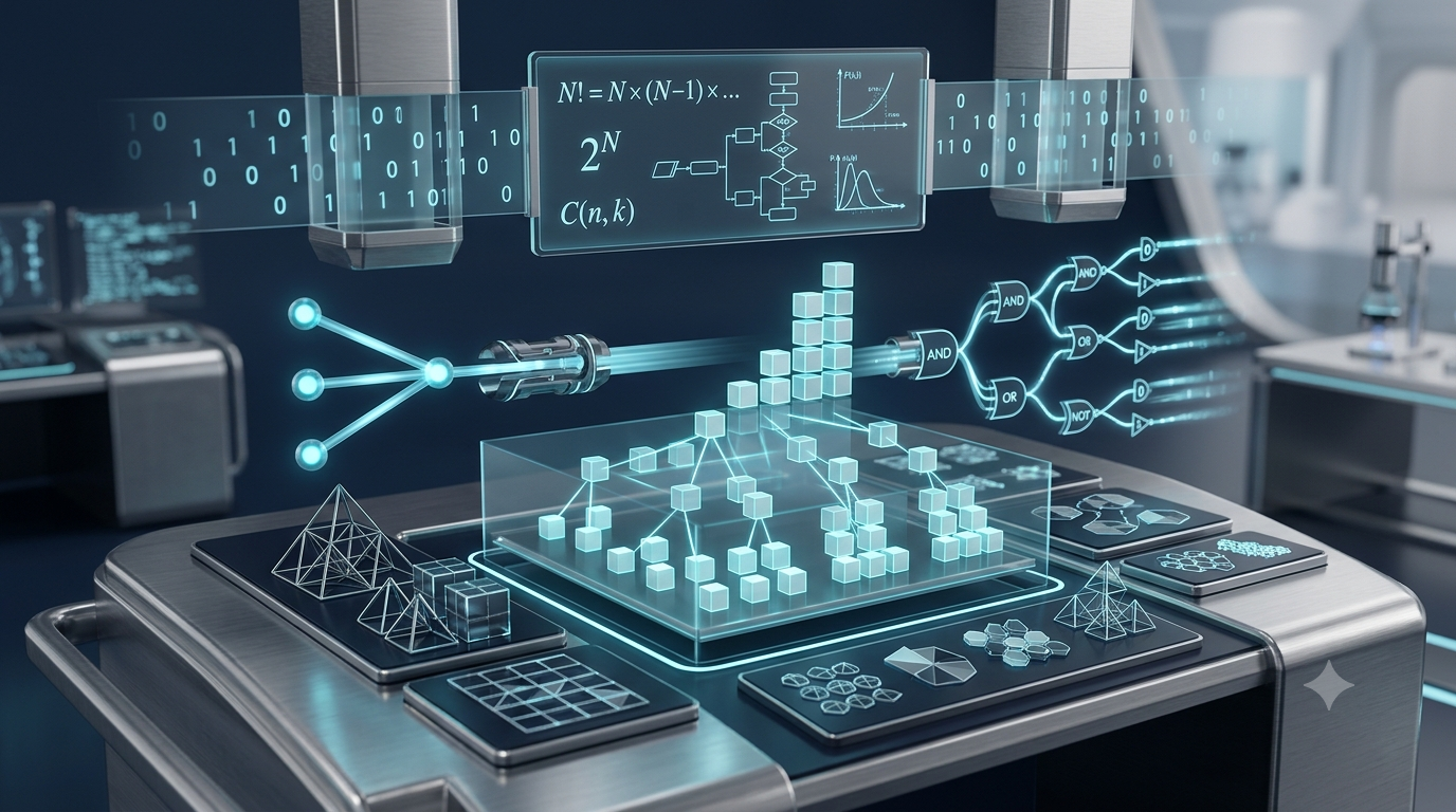 Realistic 3D visualization of binary inputs, logic gates, and possible system states illustrating counting formulas.