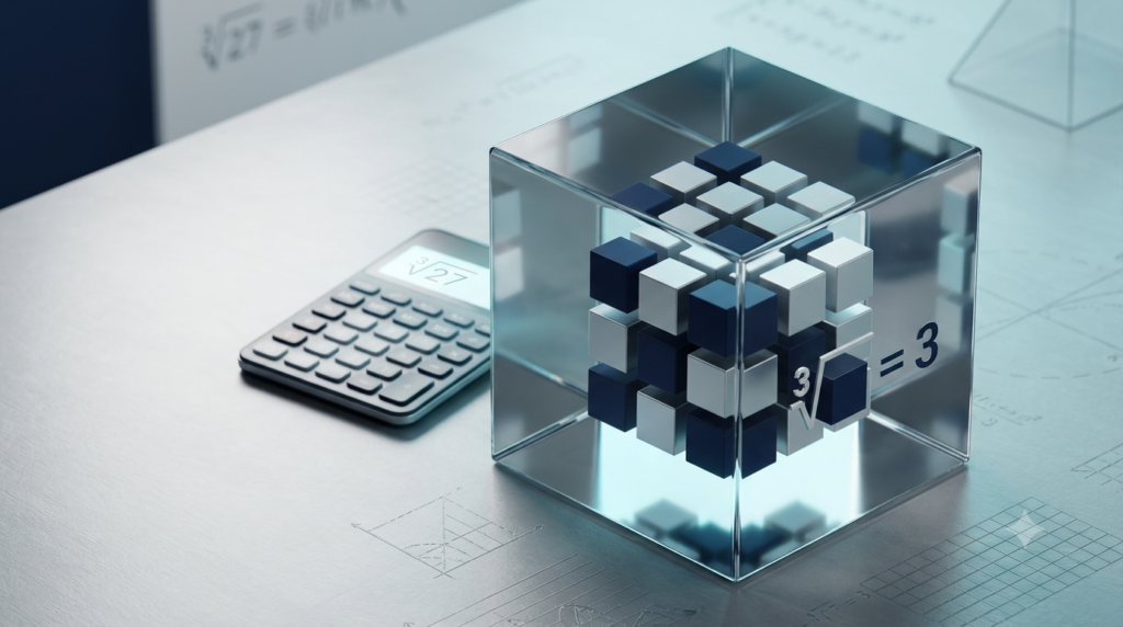 3D cube and calculator illustrating cube root calculations in mathematics