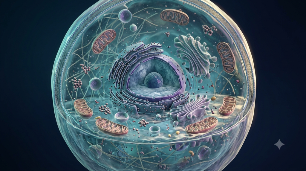 Realistic 3D animal cell showing cytoplasm surrounding the nucleus, mitochondria, ribosomes, and other organelles.