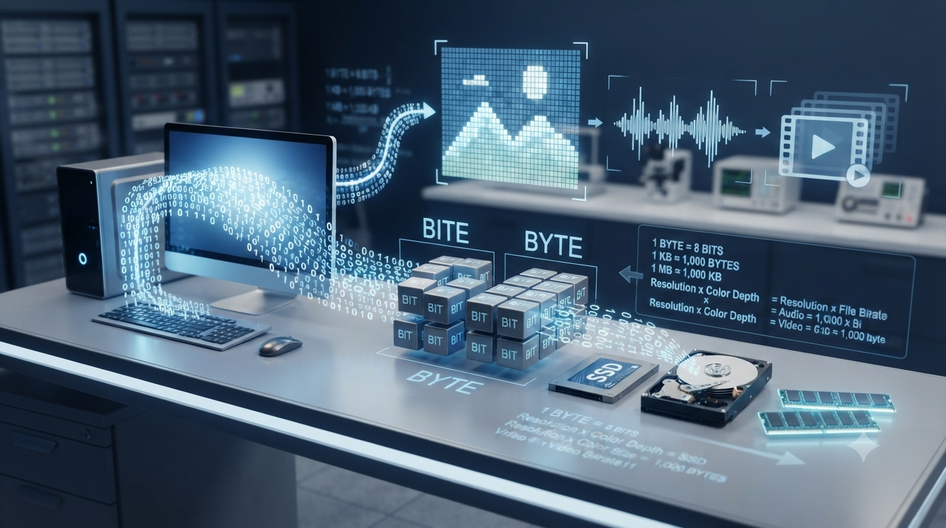 3D illustration of data representation, bits, bytes, and storage calculation formulas