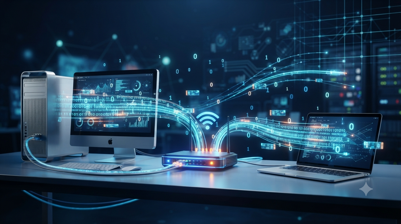 3D illustration of computers exchanging digital data through a high-speed network connection.