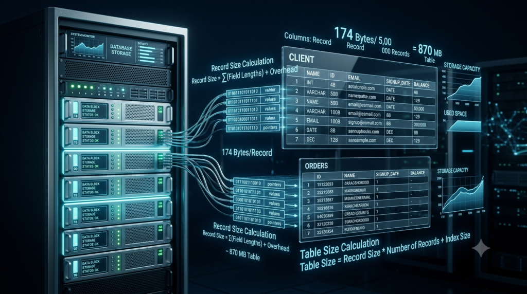 3D illustration of database servers, data tables, and storage blocks representing database storage and record size calculation formulas.