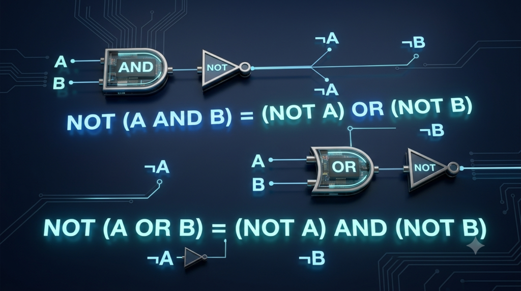 3D illustration of De Morgan’s laws showing AND, OR, and NOT logic gates with Boolean expressions.