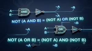 3D illustration of De Morgan’s laws showing AND, OR, and NOT logic gates with Boolean expressions.