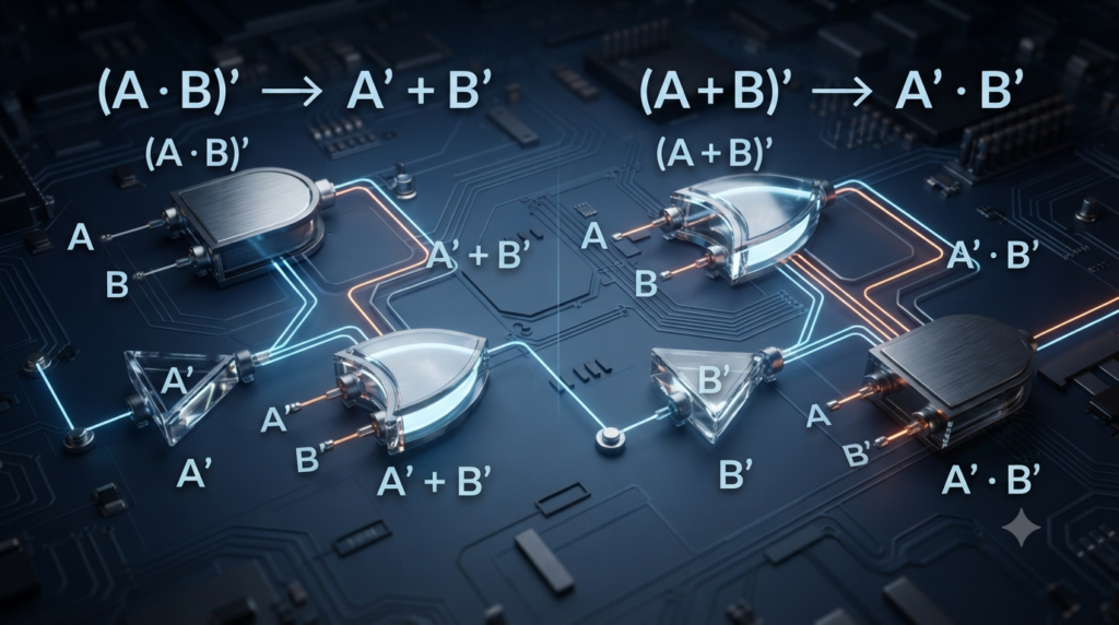 Realistic 3D illustration of De Morgan’s Laws in Boolean algebra with AND OR and NOT logic gates
