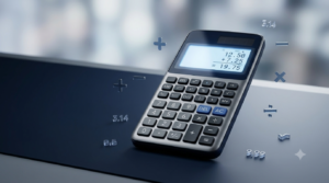 3D illustration of a digital decimal calculator with decimal numbers and mathematical symbols.