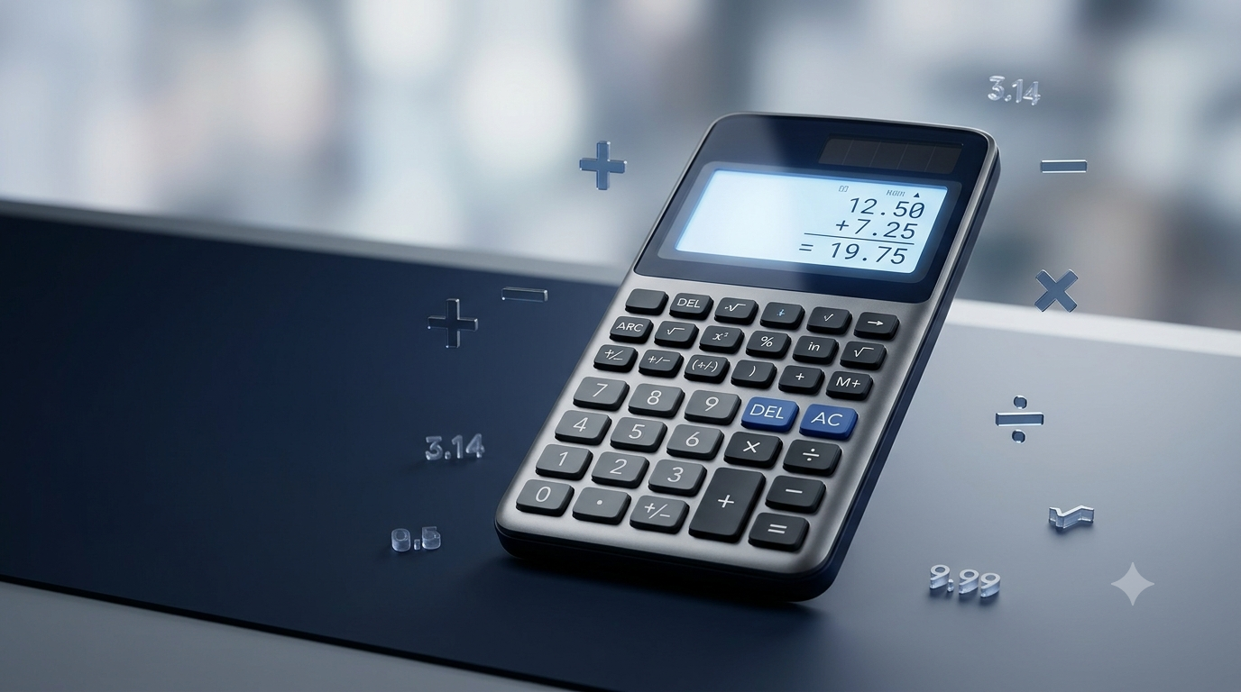 3D illustration of a digital decimal calculator with decimal numbers and mathematical symbols.