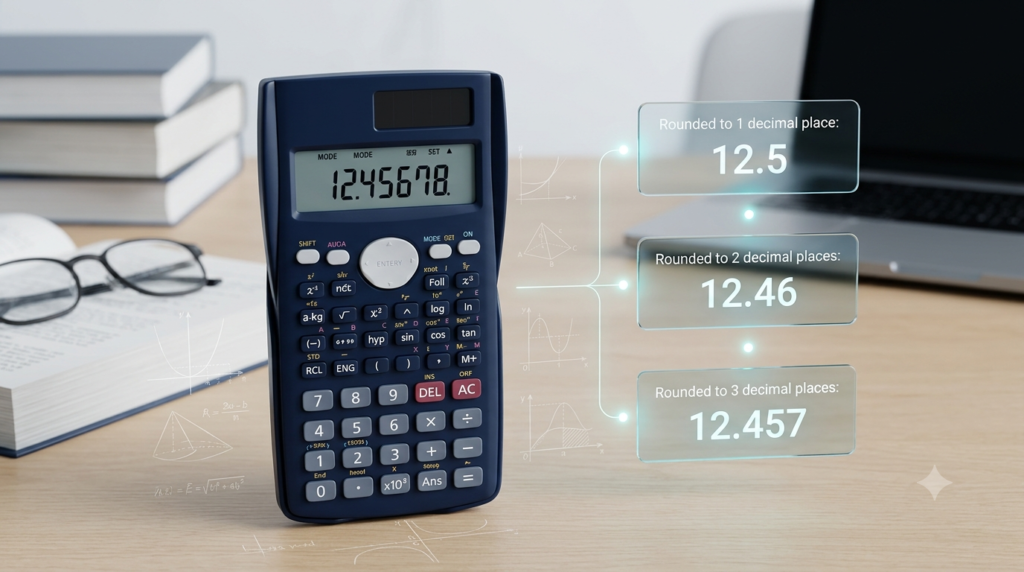Realistic 3D calculator displaying decimal numbers rounded to different decimal places.