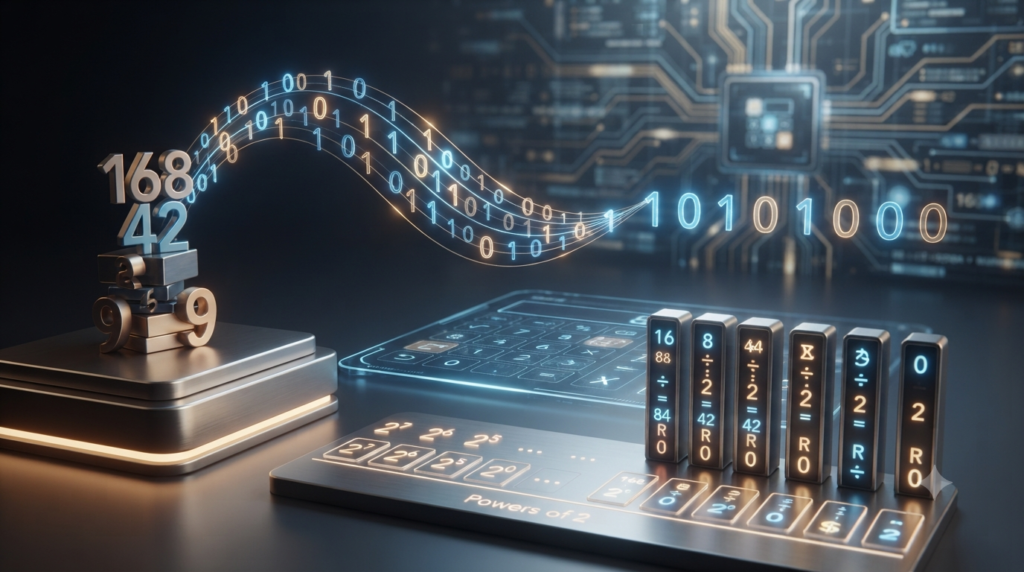Realistic 3D illustration of decimal to binary conversion using numbers and binary digits