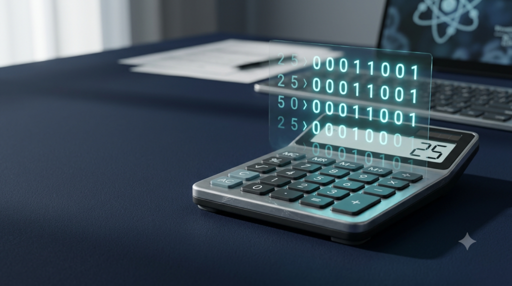 Realistic 3D illustration of a decimal to binary converter with a digital calculator and binary digits.
