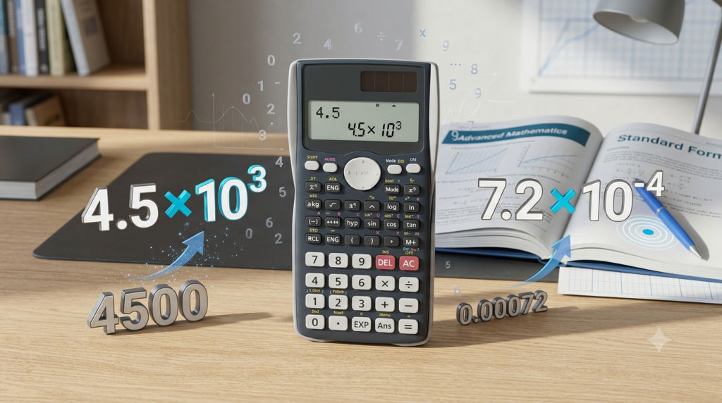 Decimal to Standard Form Converter illustrating decimal numbers and scientific notation using a 3D calculator.