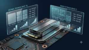 3D illustration of an SSD comparing decimal and binary storage units using digital data blocks and binary digits.