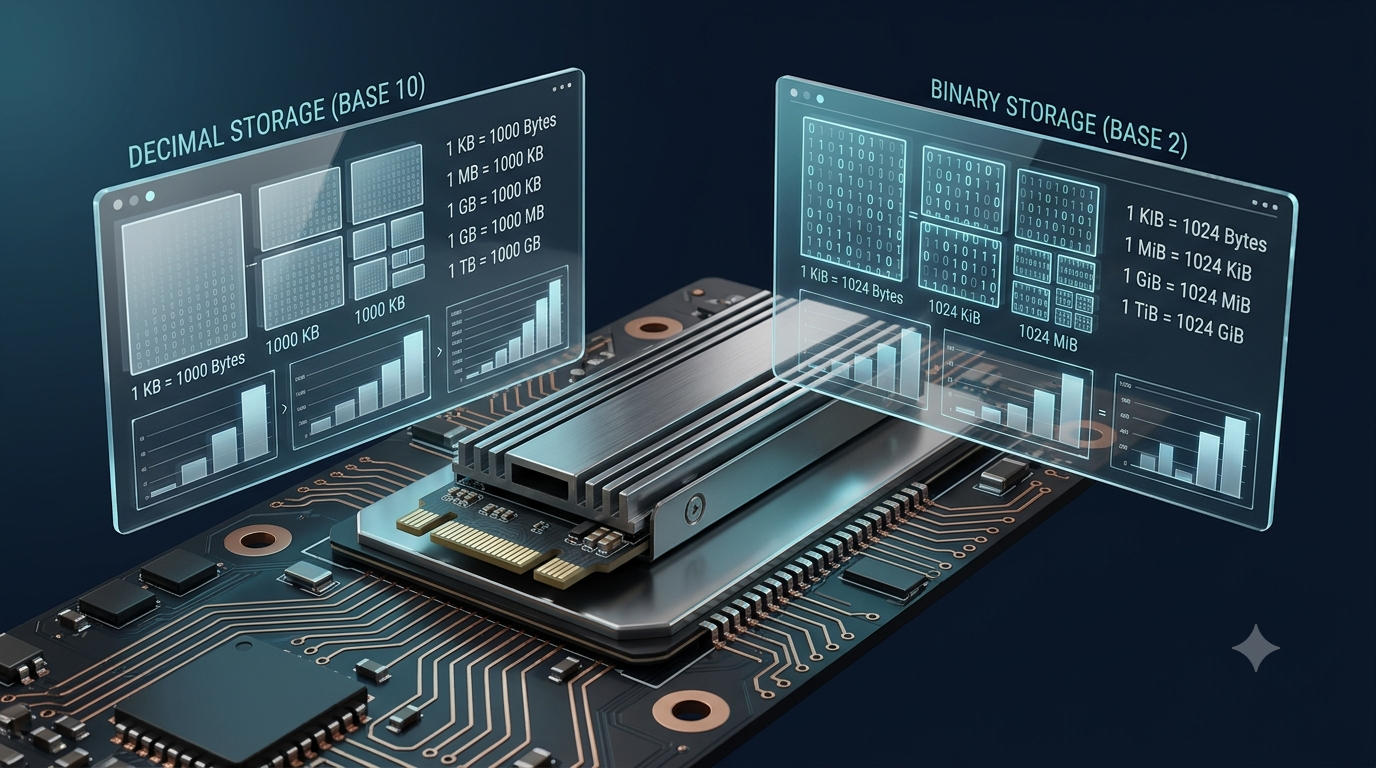 3D illustration of an SSD comparing decimal and binary storage units using digital data blocks and binary digits.