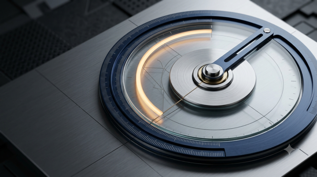 Realistic 3D illustration of a circular angle-measuring instrument representing degrees and radians in trigonometry.