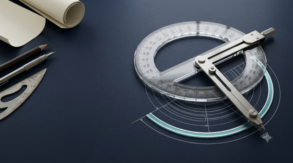 Realistic 3D circular protractor illustrating angle measurement for a degrees to radians converter.