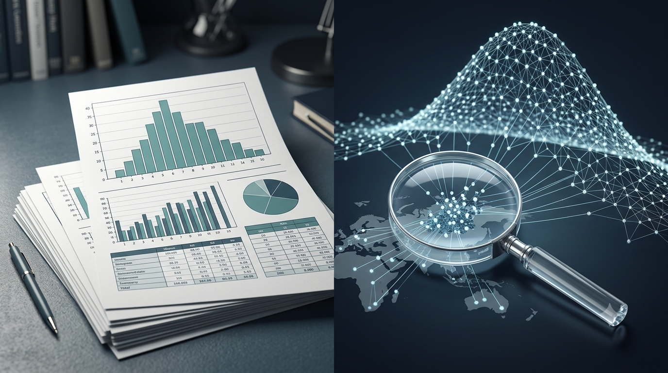 3D illustration comparing descriptive statistics charts with inferential statistics sample data analysis.