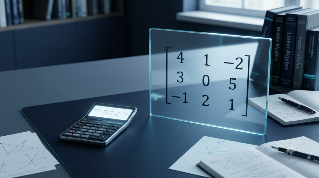 Determinant calculator displaying a 3 × 3 matrix for calculating matrix determinants.