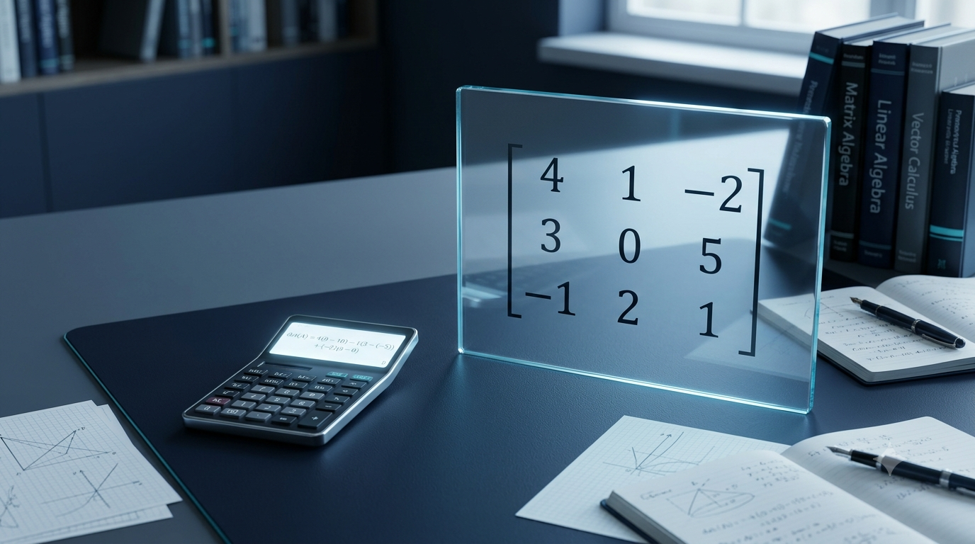 Determinant calculator displaying a 3 × 3 matrix for calculating matrix determinants.