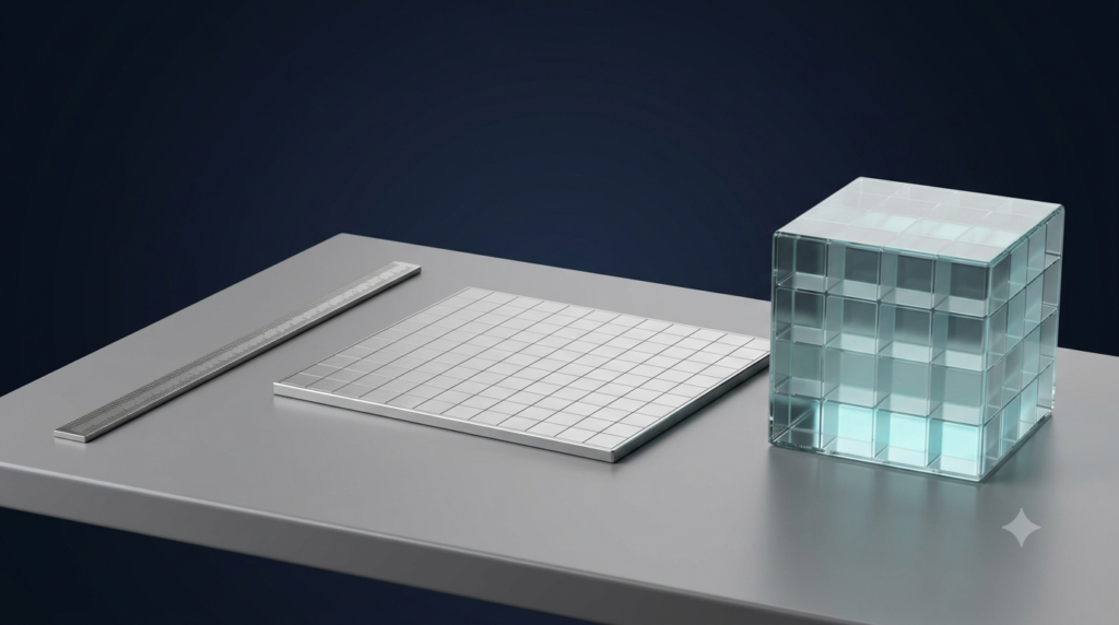 3D geometric models illustrating the difference between length, area, and volume in mathematics.