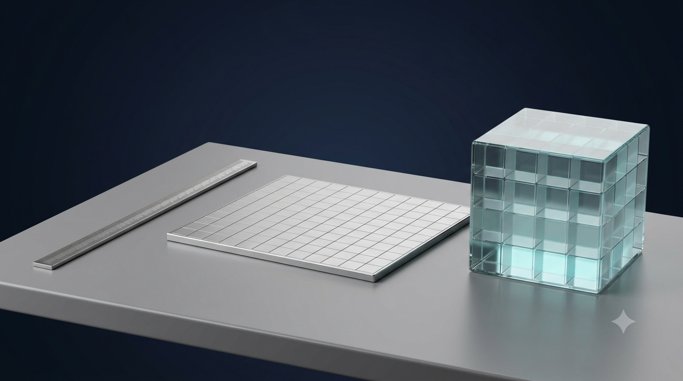 3D geometric models illustrating the difference between length, area, and volume in mathematics.