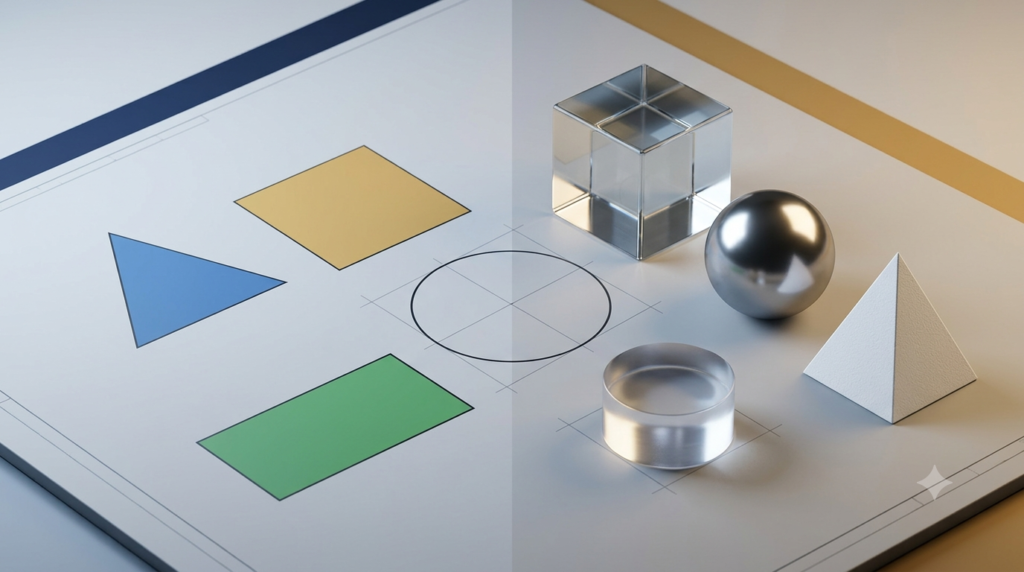 Plane geometry shapes and three-dimensional solid geometry objects compared in a realistic 3D educational illustration.