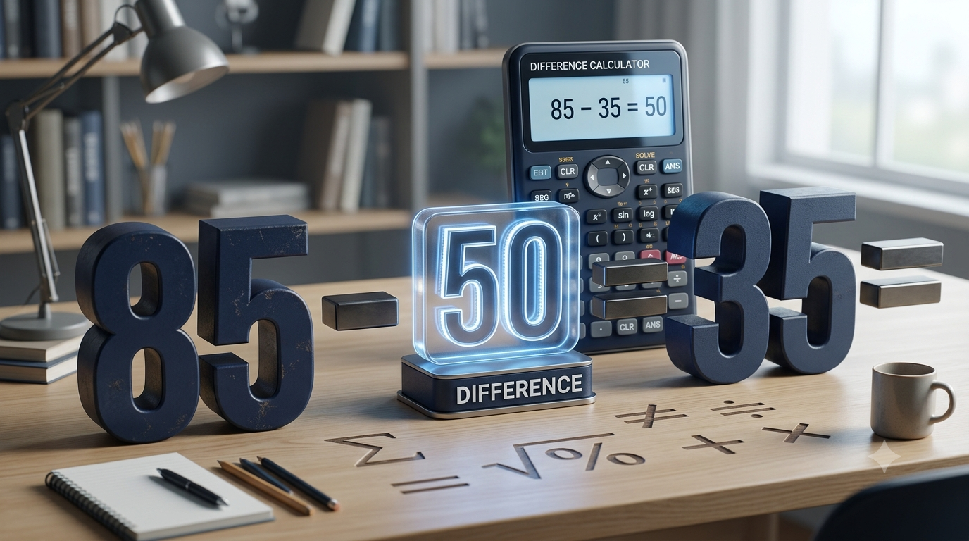 Realistic 3D illustration showing a difference calculator with two numbers and a subtraction result.