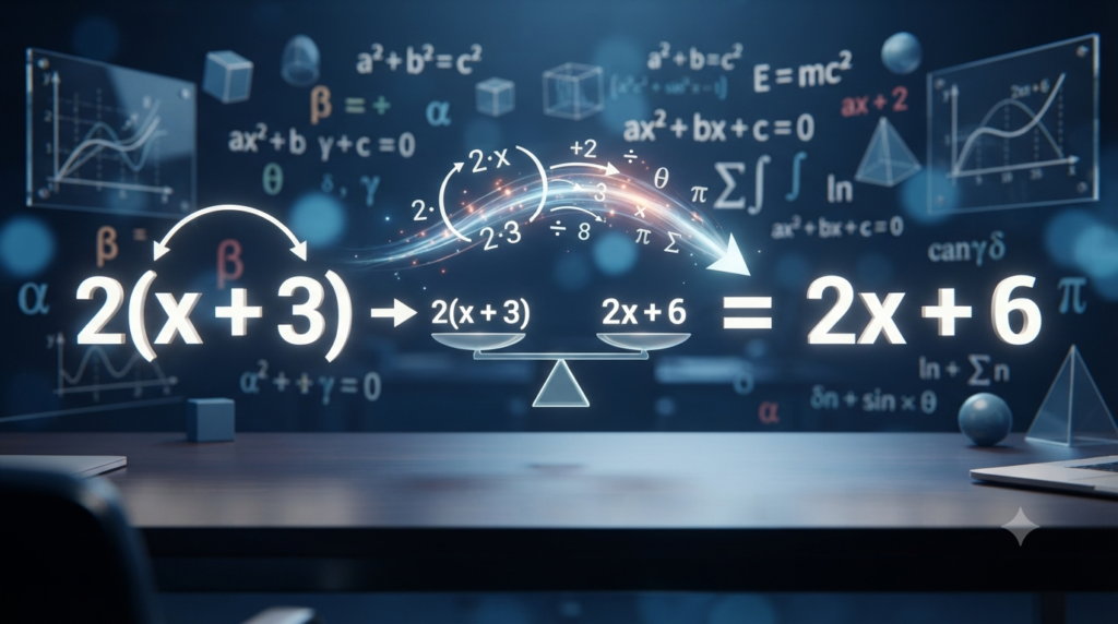 Realistic 3D illustration showing equivalent mathematical formulas giving the same result