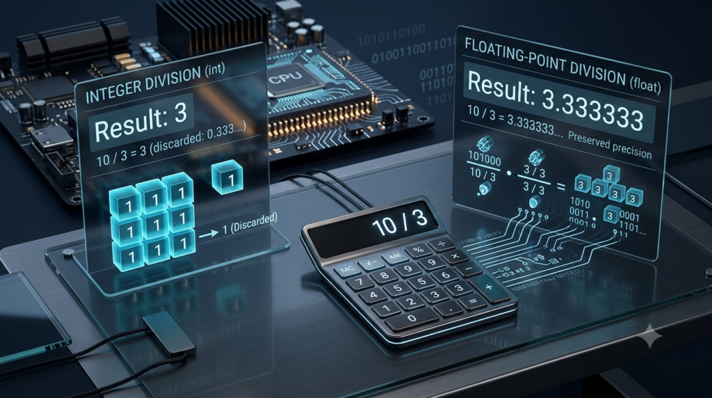 3D illustration comparing integer division result 3 and floating-point result 3.3333 to explain different results in data types.
