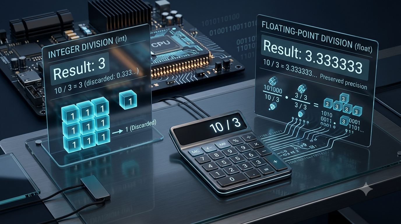 3D illustration comparing integer division result 3 and floating-point result 3.3333 to explain different results in data types.