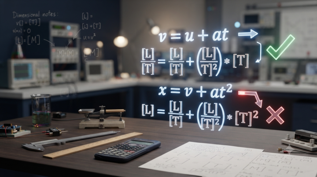 Realistic 3D illustration showing dimensional consistency used to identify mistakes in a physics formula