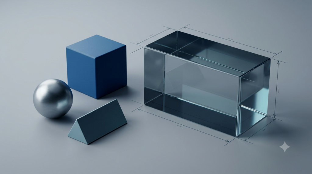 3D geometric shapes illustrating dimensions, length, width, height, and geometrical measurements.