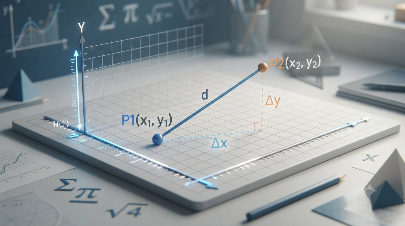 Realistic 3D coordinate plane showing the distance formula between two points