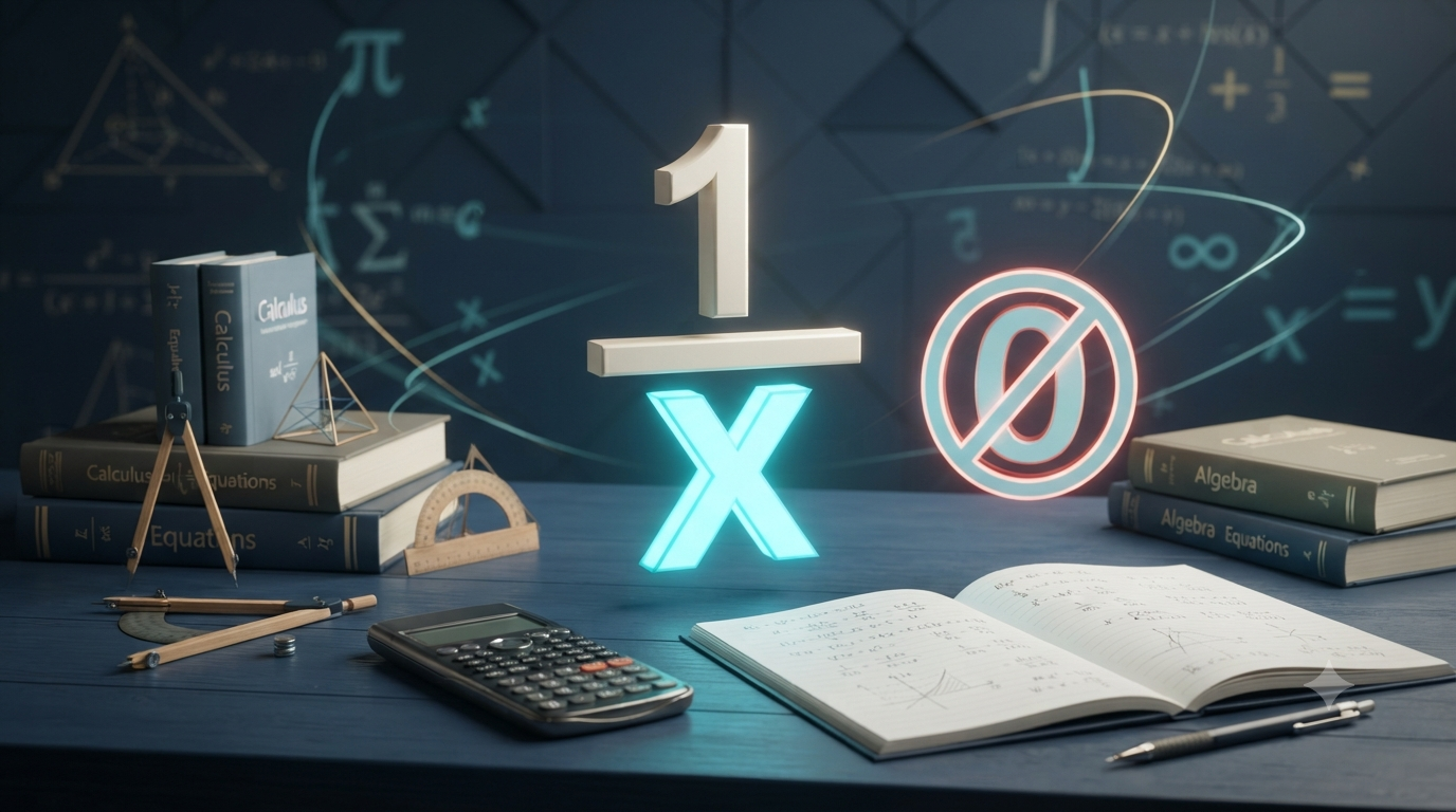 3D illustration showing division by a variable and the restriction that the denominator cannot equal zero